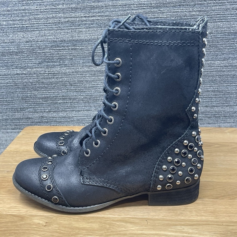 Gianni Bini Boots Women 8.5 M Black Distressed Leather Studded Biker Goth Lace - Picture 3 of 14